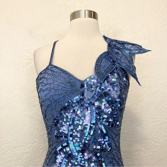 Vintage NiteLine Dress Blue Silk Chiffon Beaded Sequins 70s 80s Party XS S - Picture 3 of 11
